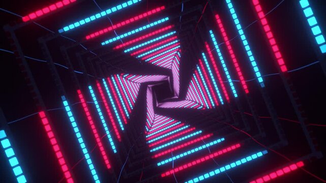 Neon Tunnel Seamless Loop with Geometric Red Blue Cyan Magenta Light Creating Futuristic Digital Vortex Corridor and Hypnotic Depth Illusion for Abstract Technology Design Background