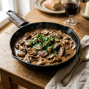Beef stroganoff with mushrooms and fresh parsley served in a hot cast iron skillet on a rustic wooden table