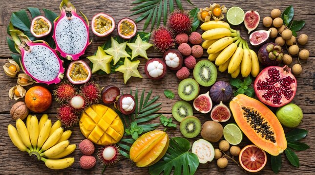 Assortment of Exotic Tropical Fruits Arranged on a Rustic Wooden Tabletop