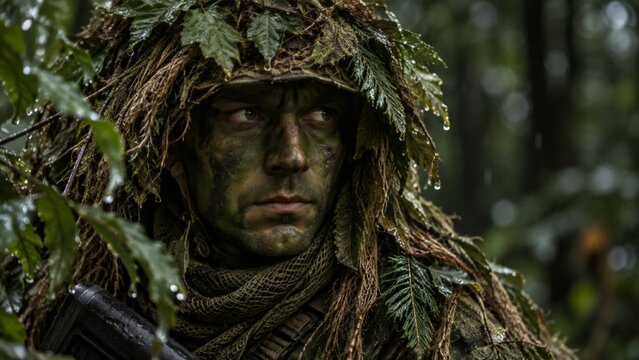 Soldier in ghillie suit with camouflage paint looks left. Raindrops cling to the foliage of his suit in a dense forest. This image represents stealth, survival, and military operations