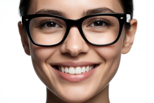 Close up headshot of smiling young woman wearing black glasses. Happy female person with white teeth, dimples looks at camera. Confident businesswoman with beautiful face poses in studio on white