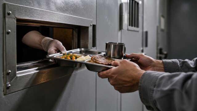 Prisoner receiving a meal tray through a small hatch. A gloved hand delivers food to the incarcerated individual. This image depicts a correctional facilitys daily life and institutional feeding