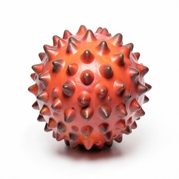 Spiky massage roller ball for pain relief and physical therapy, red textured trigger point tool on white background