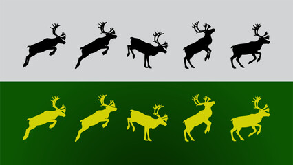 A collection of black and yellow reindeer silhouettes arranged in a row against two tone background © Goutom