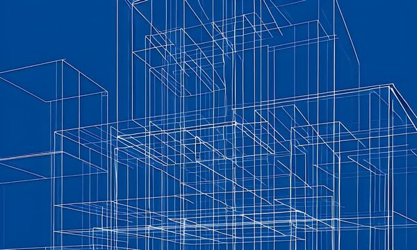 Architectural wireframe drawing of multiple buildings in perspective against a blue background