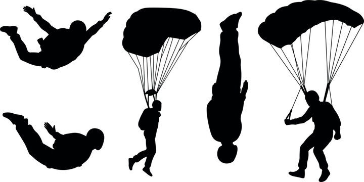 Silhouettes of skydivers in various poses depict freefall and parachute descent against a white background