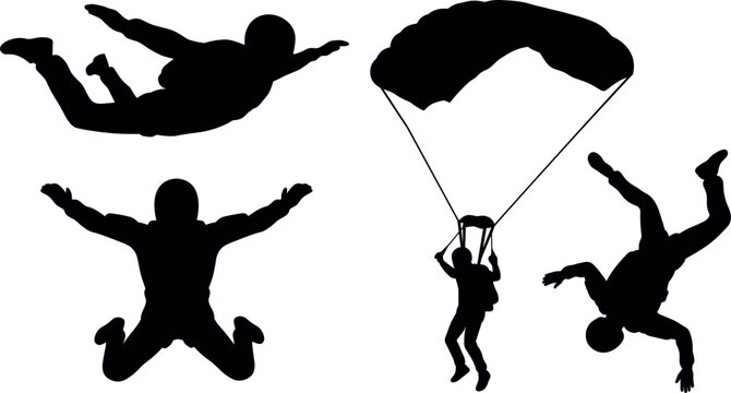 Silhouettes of skydivers and a parachute against a white background depict aerial acrobatics skydiver parachutist