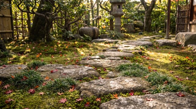 Serene Autumn Japanese Garden with Stepping Stones and Mossy Landscape in Golden Sunlight