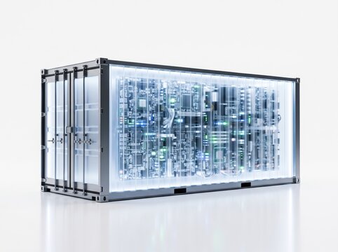 3D rendering of a modern modular mobile data center inside a cargo container with illuminated transparent walls showing server racks and hardware on white background.