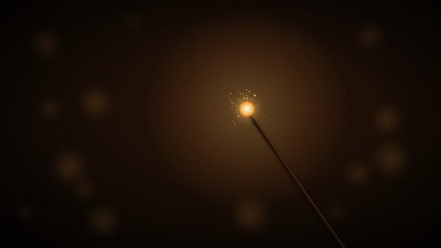 Glowing magic wand with golden sparkles, mystical wizard staff casting light on dark background, enchanted fantasy wand with bokeh effects