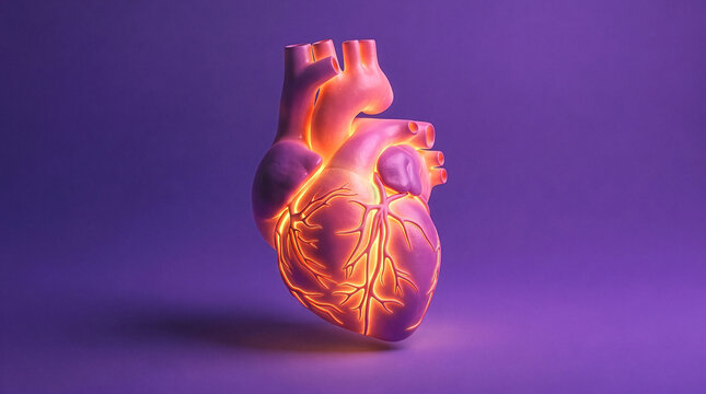 3d human heart with glowing coronary arteries on purple background