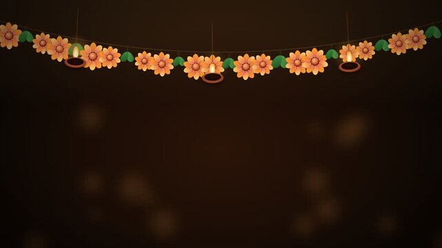 Festive marigold flower garland with glowing oil lamps, traditional Indian toran decoration for Diwali, orange floral border on dark brown background