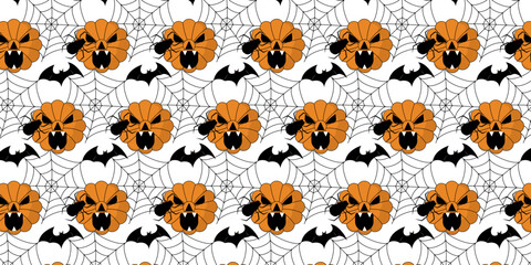 Obraz premium Spooky Halloween repeat pattern vectors background. Orange Jack-o-lantern pumpkins, spiderwebs, bats, and creepy trees continuous wallpaper template for holiday wrapping paper or party decor
