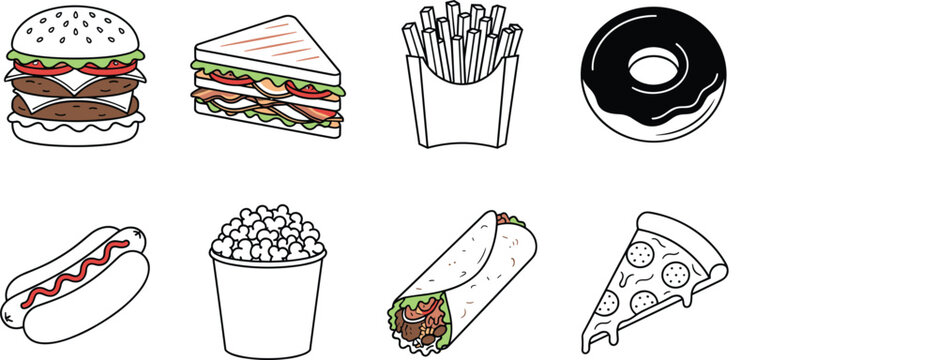 Fast Food Diner and Cinema Concessions Line Art Vector Icon Set Featuring Double Cheeseburgers Club Sandwiches French Fries Frosted Donuts Hot Dogs Popcorn Buckets Burritos and Pepperoni Pizza Slices