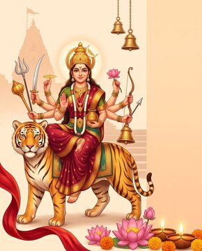 Goddess Durga riding a tiger with traditional weapons and lotus
