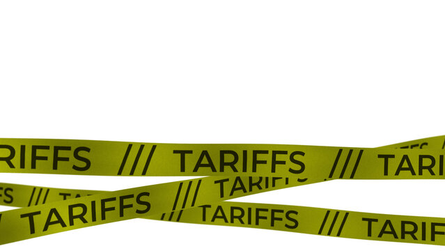 Yellow caution tape with tariffs text isolated on transparent background png cutout 3d render