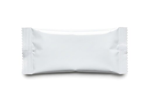 Empty white snack wrapper on plain surface
