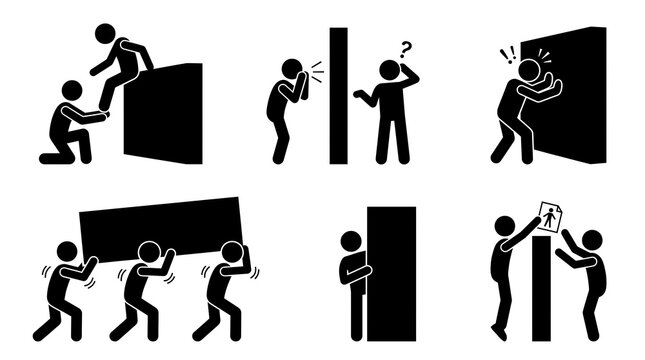 Minimalist Stick Figure Wall Obstacle Pictogram Set, Teamwork and Challenge Icons, Black Graphic Symbols