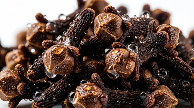 Macro shot of fresh cloves with water droplets. Brown dried spice buds glisten with moisture. Aromatic seasoning ingredient for cooking food making herbal oil. Natural organic texture on white