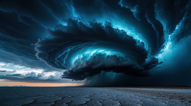Dramatic storm clouds swirl over dry salt desert landscape. Massive blue thunderhead rotates above empty flat ground. Dark moody sky shows intense weather power, natural force during extreme climate