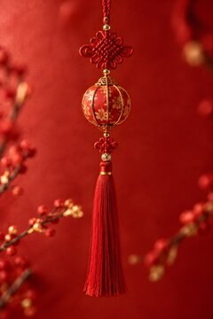 Hanging knotted red tassel decorations, shallow focus, photo, vivid festive red and gold