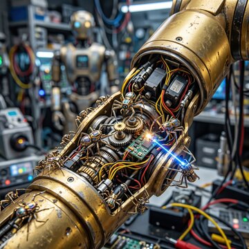 Futuristic mechanical robotic arm illustration, detailed steampunk cyborg limb repair, artificial intelligence technology artwork