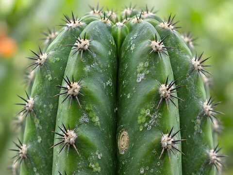 Tall green columnar cactus with symmetrical ribs and clusters of black and white spines