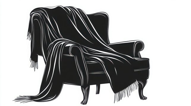 Vintage armchair draped in a heavy textured blanket with decorative fringe details.