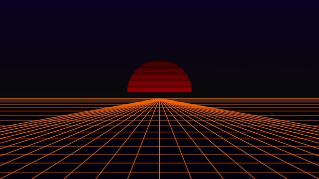 Retro synthwave 2d animation background with looping wireframe grid. 4K video Background.