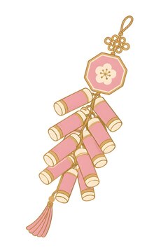 A firecracker string, flat vector illustration, soft blush pink, cream and gold leaf