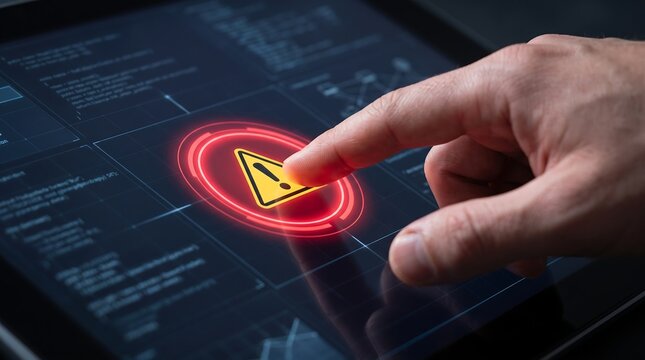 Cybersecurity warning alert interface, finger touching glowing red triangle button on touchscreen, digital network threat and system error concept