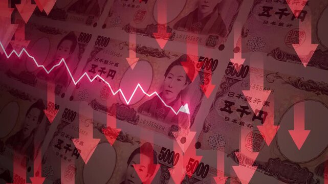 Japanese Yen banknote animation with falling red arrows and a dropping chart, symbolizing economic recession, inflation, or financial crisis.