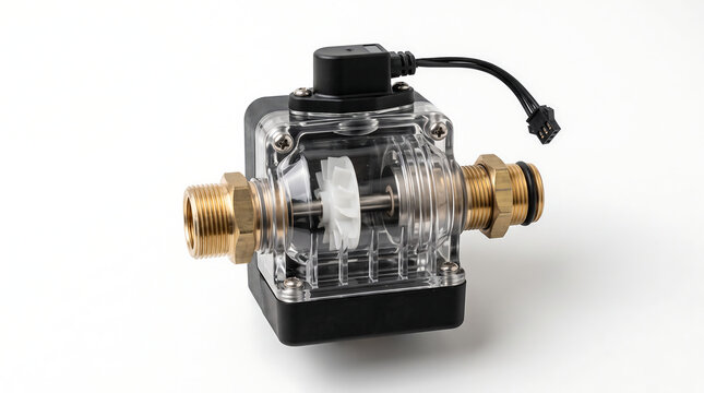  Transparent inline water flow meter turbine sensor with threaded brass fittings and electronic cable connector, precision volumetric flow device for espresso coffee machines on a pure white backgroun