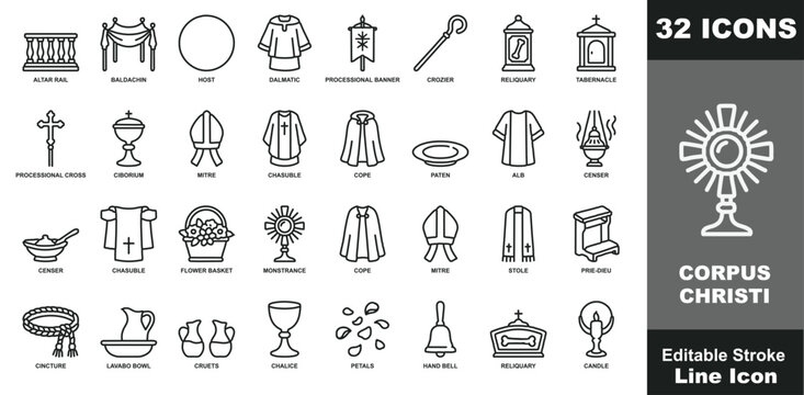 Collection of 32 corpus christi line icons featuring religious symbols like an altar rail, monstrance, chalice, ciborium, and priest vestments