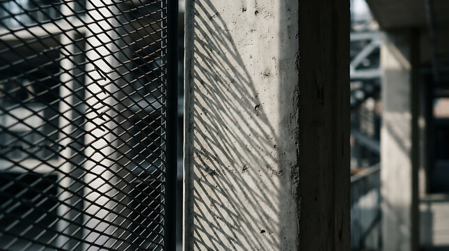 Shadows cast by metal mesh fence onto a concrete pillar