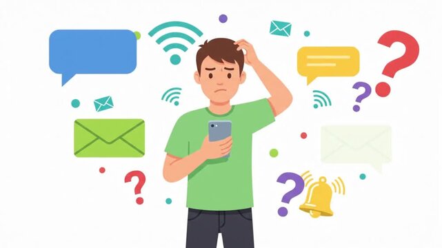 Animated vector video of a confused man looking at his smartphone surrounded by floating graphic elements