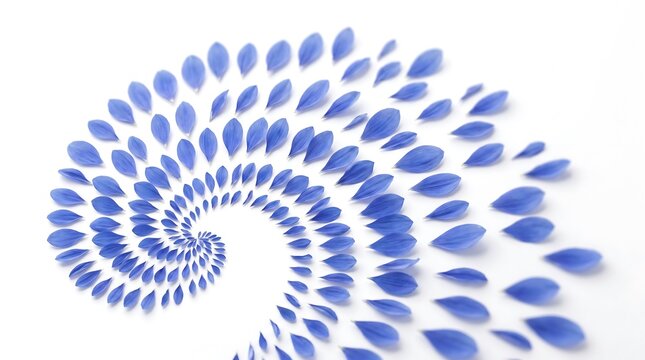 Vibrant blue petals arranged in a Fibonacci spiral, elegant floral swirl on white, minimalist botanical art for beauty and meditation branding