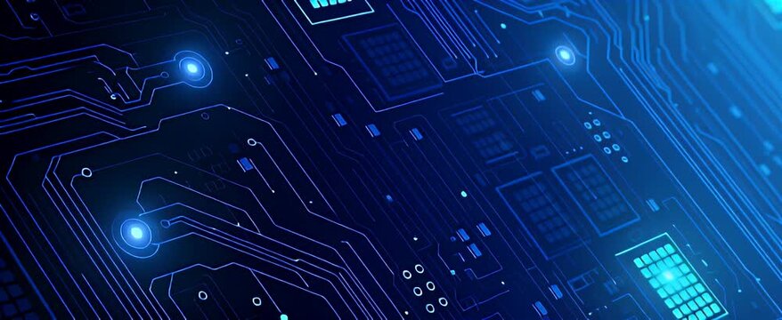 Futuristic electric blue circuit board with glowing nodes and microchips