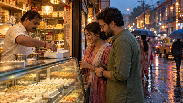 Bengali mithai shopping and festive sweet gifting, Indian couple choosing sandesh for Diwali, neighborhood sweet shop, traditional desserts, local small business, customs and evening hospitality