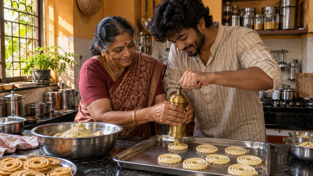 Murukku making with grandmother and grandson, South Indian Deepavali snacks, homemade savory treats, traditional cooking lessons, family recipes, festive food preparation and generational heritage