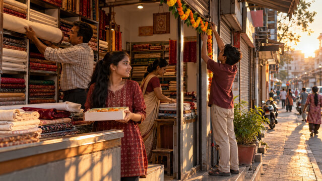 Family textile shop and festive retail preparations, Diwali small business traditions, father and daughter, fabric rolls, gift giving, shopkeeper teamwork, commerce and work life balance at closing
