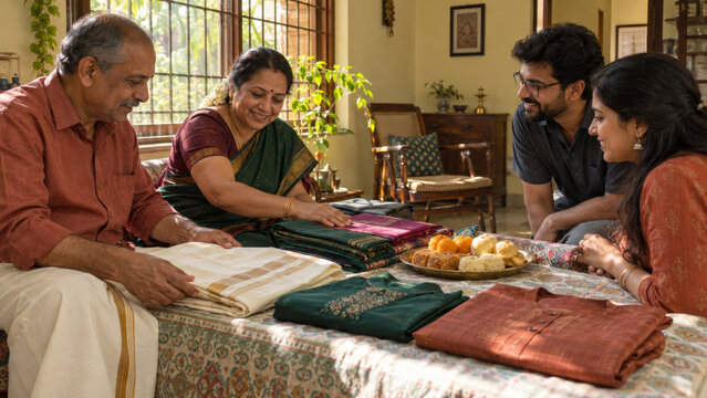 New clothes and folded saris for Deepavali, festive Indian wardrobe traditions, family gift giving, silk and cotton textiles, fresh beginnings, home preparations and multigenerational togetherness