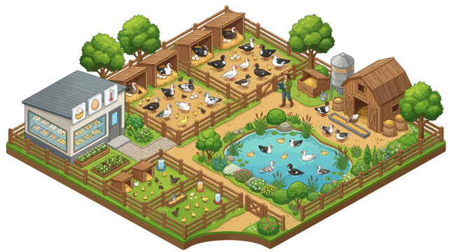 Detailed isometric vector illustration showing a bustling duck farm with cute animals coops barns trees a pond and farmer managing daily agricultural production operations safely