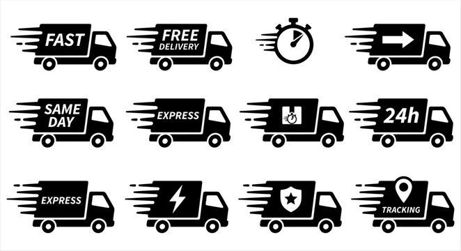 Delivery truck icon set featuring various logistics and shipping services delivery trucks shipping icons freight service express delivery fast shipping logistics
