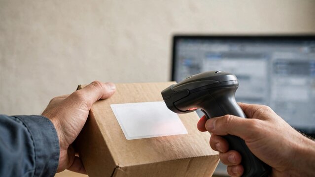 Close-up of worker hands with handheld scanner scanning package, computer background