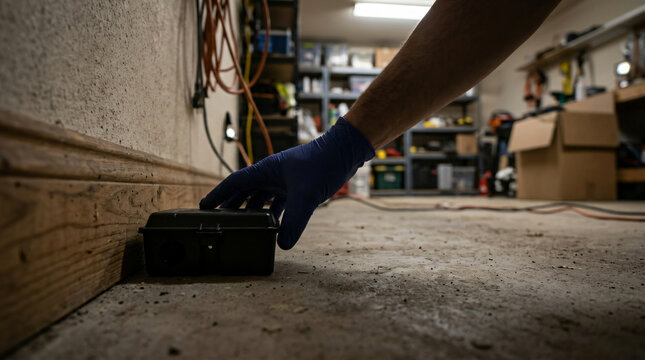 Professional pest control technician wearing blue nitrile gloves placing a black plastic rodent bait station on a concrete floor along a basement wall for mice and rat extermination and prevention