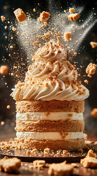 Golden layered cake with white cream frosting and falling crumbs. Small sponge cake with whipped cream under a dynamic shower of sweet crumbles