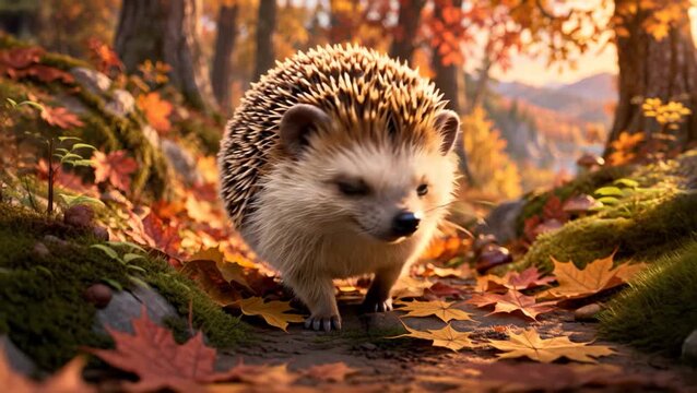 Cute 3D animated hedgehog walking along autumn leaf path