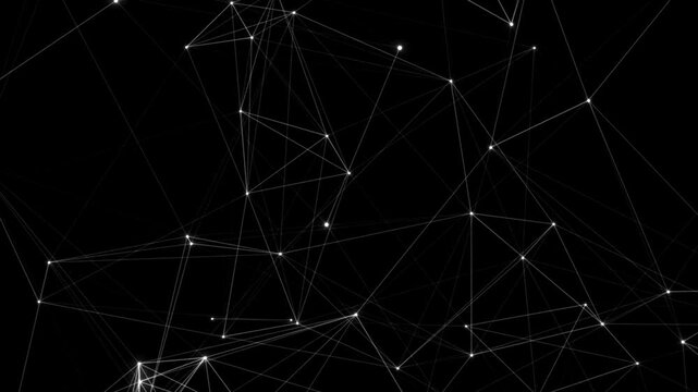 Abstract plexus network loop animation with connecting white dots and lines on black background, futuristic digital technology, big data and artificial intelligence concept