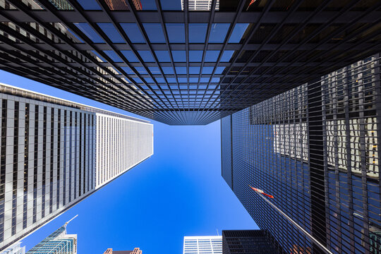 Scenic Toronto financial district skyline in the city downtown near Yonge and King intersection, Bay Corridor and Stock Exchange and banking plaza